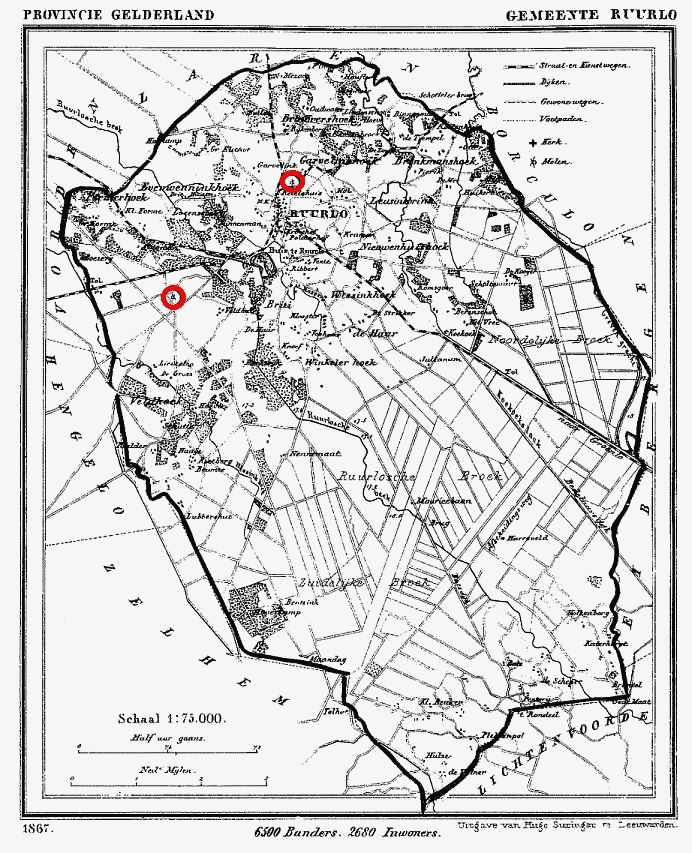 kaart Ruurlo 1867 met daarop twee molens aangegeven